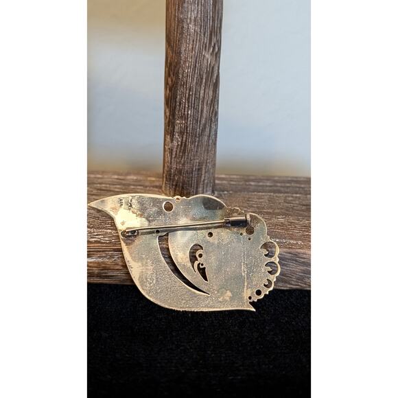 Antique Sterling Black Cabochon & Inlay Two Tone Push-Pull Trombone Back Brooch - Picture 3 of 7